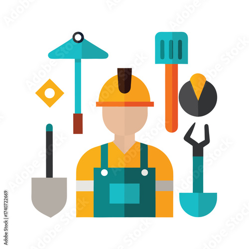 Construction Worker With Tools Flat Design Icon Set pickaxe shovel