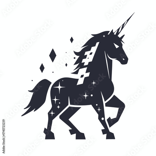 Stylized Dark Unicorn Silhouette on White Background