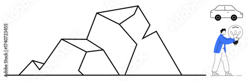 Geometric rock formation with man holding a plant-inside light bulb. Nearby a simple car illustration. Ideal for sustainability, innovation, energy conservation, green living. Minimalist flat