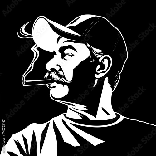 Graphic art silhouette of a relaxed man in profile view with a worn baseball cap tilted slightly back on his head, a thick well-groomed mustache, and a large cigar held loosely in his lips, smoke curl