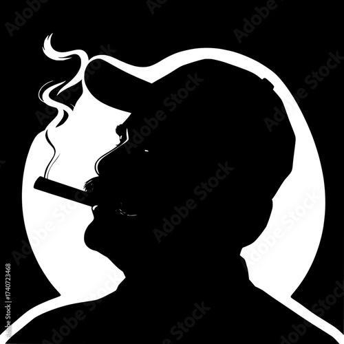 Graphic art silhouette of a relaxed man in profile view with a worn baseball cap tilted slightly back on his head, a thick well-groomed mustache, and a large cigar held loosely in his lips, smoke curl