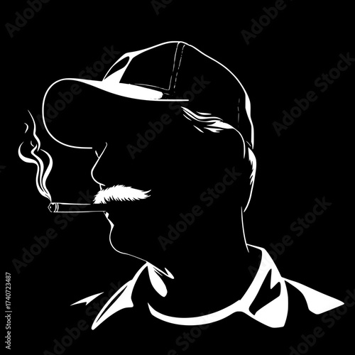 Graphic art silhouette of a relaxed man in profile view with a worn baseball cap tilted slightly back on his head, a thick well-groomed mustache, and a large cigar held loosely in his lips, smoke curl