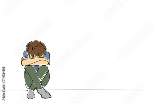 Single one line drawing boy sitting on the floor with head bowed. The worst sadness is failing to get the best grades. Childhood Depression Awareness Day. Continuous line design graphic illustration