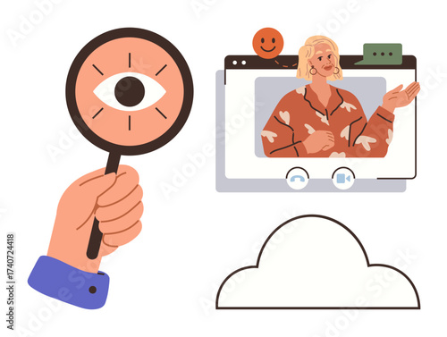 Magnifying glass with eye for observation, screen with presenter in video call. Ideal for virtual communication, online interaction, remote work, digital security, internet privacy, online learning