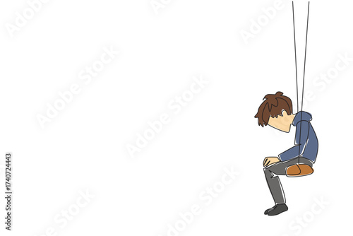 Continuous one line drawing boy sitting hunched over on a swing. His abilities make him friendless. Very lonely. Alone. Childhood Depression Awareness Day. Single line draw design vector illustration