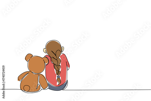 Continuous one line drawing girl sitting bowed on the floor accompanied by teddy bear. Sadness makes the uncomfortable. Childhood Depression Awareness Day. Single line draw design vector illustration