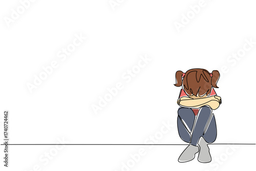 Single continuous line drawing girl sitting on the floor with her head bowed. Missing the love of parents very much. Loneliness. Childhood Depression Awareness Day. One line design vector illustration