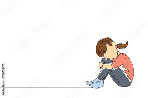 Single continuous line drawing girl sitting with bent legs and crossed arms. Loneliness. Silence. Lonely. Empty. Mentally tired. Childhood Depression Awareness Day. One line design vector illustration