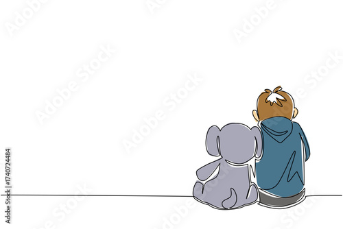 Single one line drawing boy sitting bowed on the floor accompanied by elephant doll. Loneliness is sadness. Alone. Childhood Depression Awareness Day. Continuous line design graphic illustration