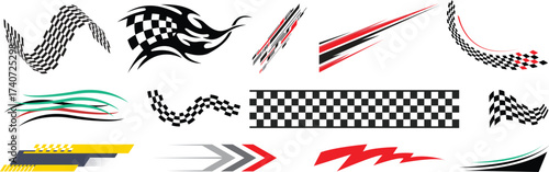 Racing cars and race car stripes set, angled checkered patterns, checkered flag, start and finish line, motocross labels, dynamic lines, motorsport, racing stripe speed, sport decals, tuning stickers 