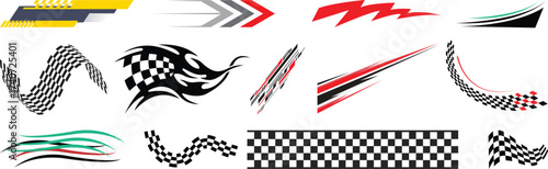 Racing cars and race car stripes set, angled checkered patterns, checkered flag, start and finish line, motocross labels, dynamic lines, motorsport, racing stripe speed, sport decals, tuning stickers 