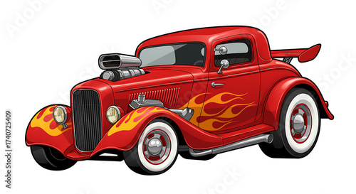 Red Hot Rod Cartoon Car with Flame Graphics – Classic Vintage Muscle Style.red racing car, 2D cartoon illustration of a hot rod car with flames painted on the sides, fast and classic, white background