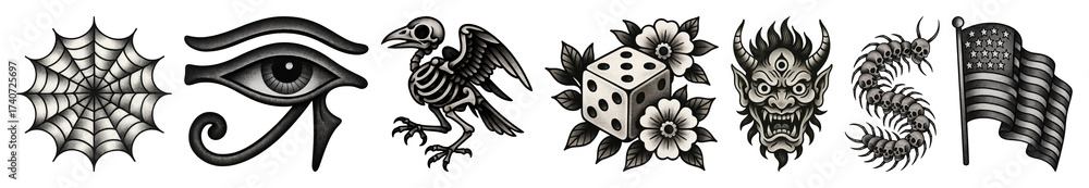 Fototapeta premium PNG Vintage tattoo designs collection, element set on transparent background
