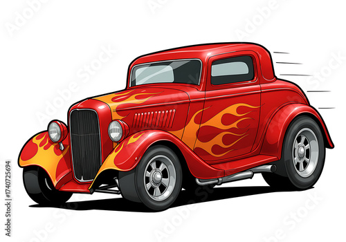 Red Hot Rod Cartoon Car with Flame Graphics – Classic Vintage Muscle Style.red racing car, 2D cartoon illustration of a hot rod car with flames painted on the sides, fast and classic, white background