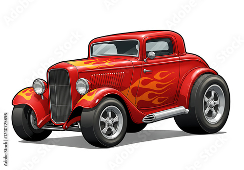 Red Hot Rod Cartoon Car with Flame Graphics – Classic Vintage Muscle Style.red racing car, 2D cartoon illustration of a hot rod car with flames painted on the sides, fast and classic, white background