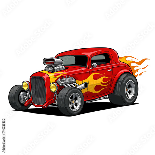 Red Hot Rod Cartoon Car with Flame Graphics – Classic Vintage Muscle Style.red racing car, 2D cartoon illustration of a hot rod car with flames painted on the sides, fast and classic, white background