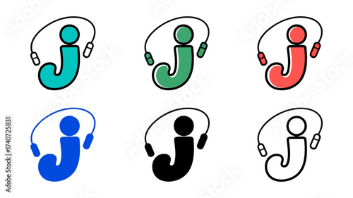 Vector art of group of six stylized letter j icons resembling a jump rope and person, with color variations