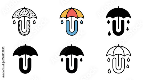Vector art of six letter u with umbrella illustrations in different styles and colors