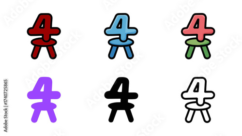 Vector art of group of six number four icons in various colors including red, blue, pink, purple, black, and outline