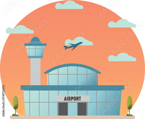 Airport building with tower and airplane in the background of afternoon sunset sky.  transport, migration and traveling theme.
