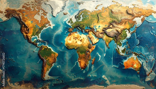 Artistic 3D Relief Map of the World Depicting Continents and Oceans