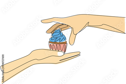 Continuous one line drawing give bubblegum cream cupcakes. Special cake with amazing secret recipe. Taste the pleasure. National Give Someone a Cupcake Day. Single line draw design vector illustration