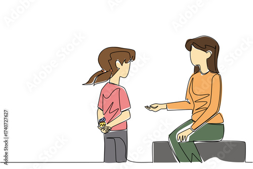 Single continuous line drawing girl holding cupcake behind back and wants to give to mother. Thank you cake for beloved mother. National Give Someone a Cupcake Day. One line design vector illustration