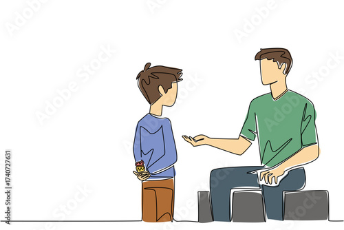 Continuous one line drawing boy holding cupcake behind back and wants to give it to father. Giving a little surprise. National Give Someone a Cupcake Day. Single line draw design vector illustration