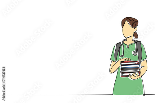 Single one line drawing female student nurse carrying bag and carrying a pile of books. Theory books to apply during internship. National Student Nurse Day. Continuous line design graphic illustration