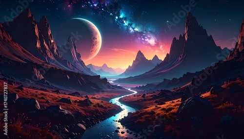 Alien Planet Canyon with River and Nebula Sky