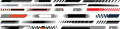 Racing cars and race car stripes set, angled checkered patterns, checkered flag, start and finish line, motocross labels, dynamic lines, motorsport, racing stripe speed, sport decals, tuning stickers