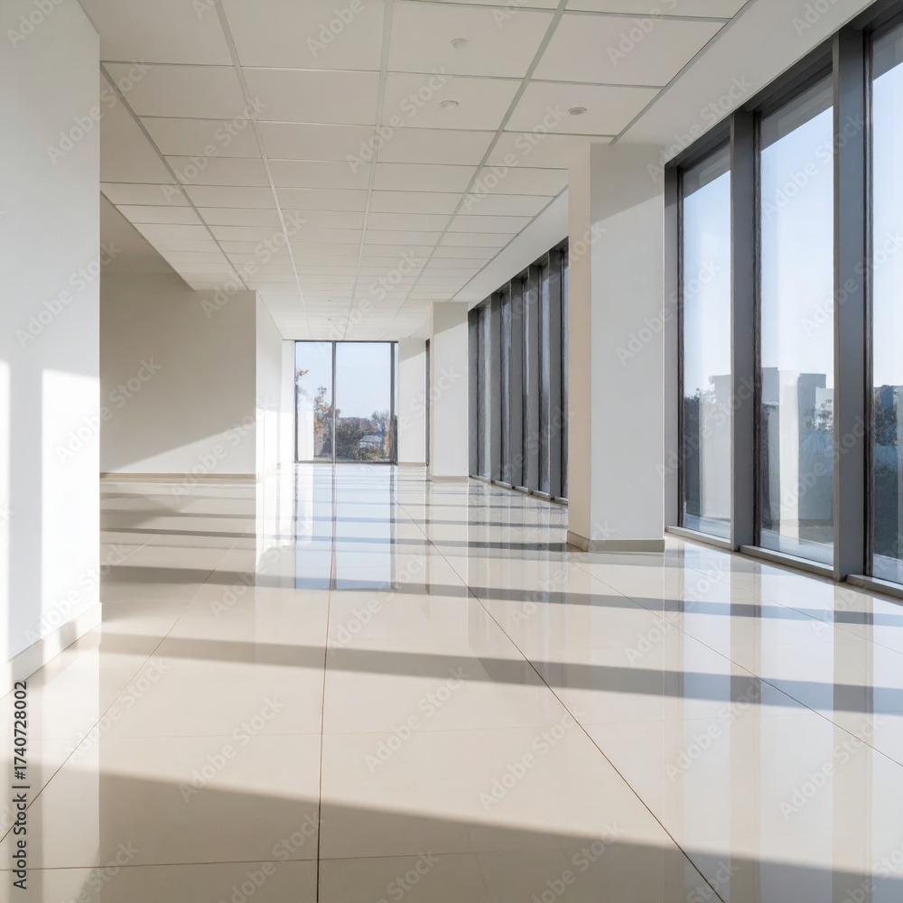 Fototapeta premium Modern architectural interior with clean white walls, tiled floor, glass facade