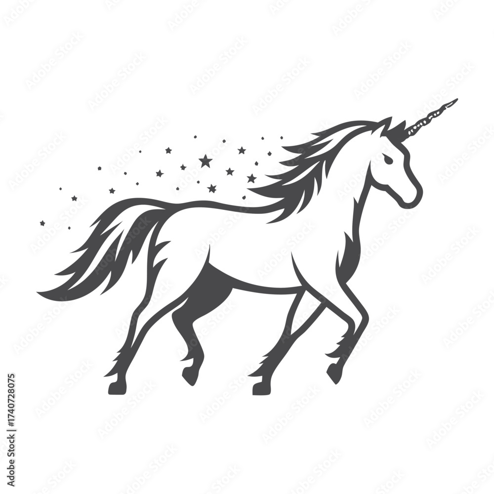 Fototapeta premium Unicorn Galloping Silhouette with Stars, Fantasy, Vector, and White Background