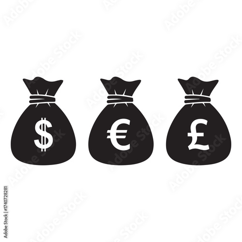 Money Bags Dollar Euro Pound Currency Vector Illustration