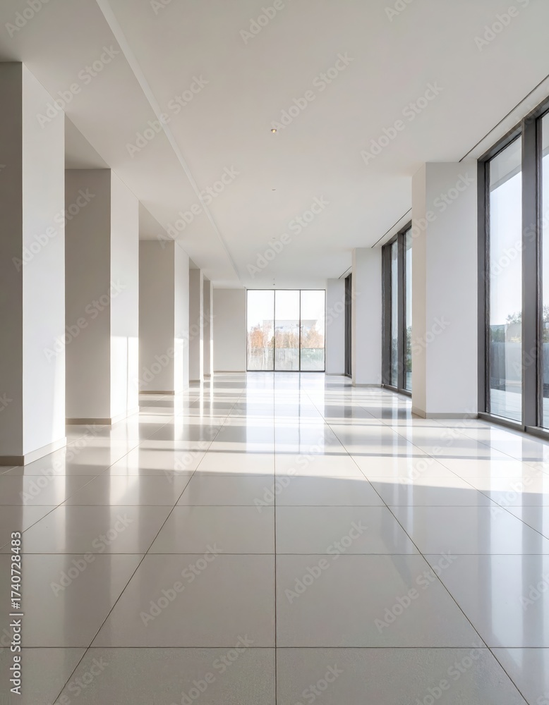 Obraz premium Modern architectural interior with clean white walls, tiled floor, glass facade