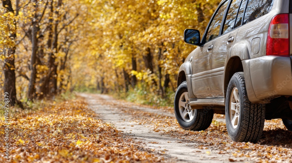 Fototapeta premium A beige SUV drives on a dirt path covered in golden autumn leaves, surrounded by a vibrant forest.