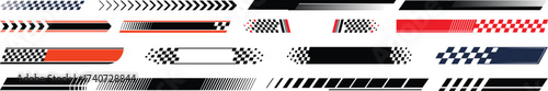Racing cars and race car stripes set, angled checkered patterns, checkered flag, start and finish line, motocross labels, dynamic lines, motorsport, racing stripe speed, sport decals, tuning stickers