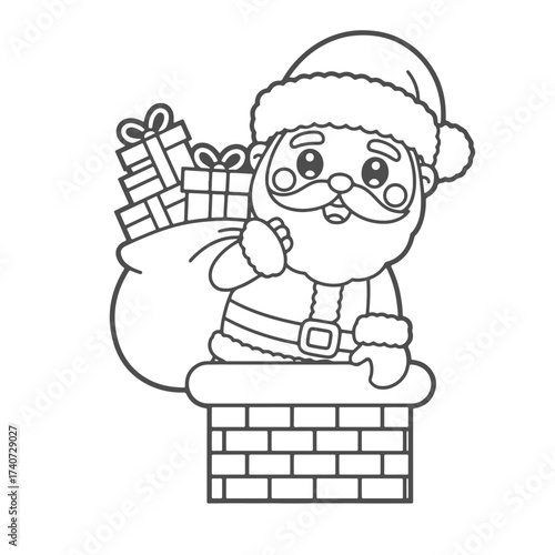 santa claus in the chimney with gifts coloring page