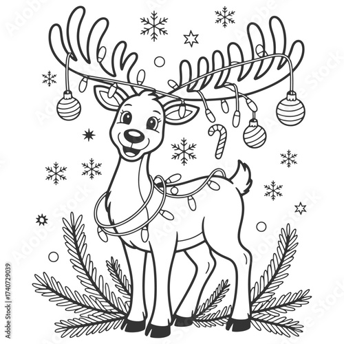 a reindeer is standing in the snow with christmas decorations on it