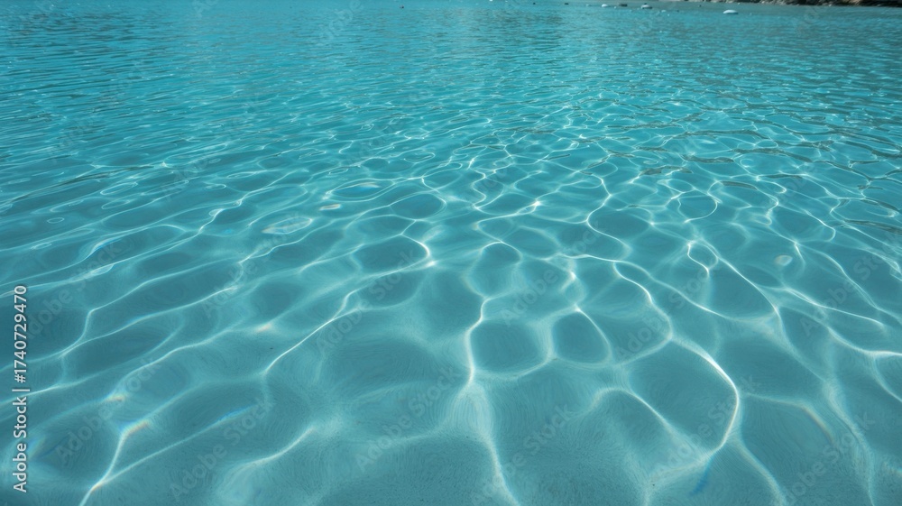 Fototapeta premium Crystal clear turquoise water with shimmering sunlight patterns, perfect for summer relaxation and refreshing poolside vibes.
