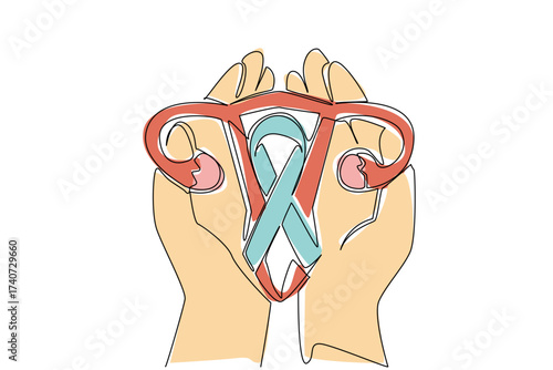 Single one line drawing open palm with uterus and campaign ribbon. Community concerned about internal organs of women. Charity. World Ovarian Cancer Day. Continuous line design graphic illustration