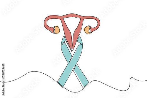 Single continuous line drawing campaign ribbon and uterus image. Raising public awareness to live healthier. Cancer can be prevented. World Ovarian Cancer Day. One line design vector illustration