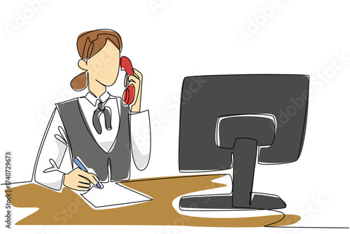 Single one line drawing a female receptionist writing in book and her other hand holding the telephone receiver. Take notes to remember. Receptionist Day. Continuous line design graphic illustration