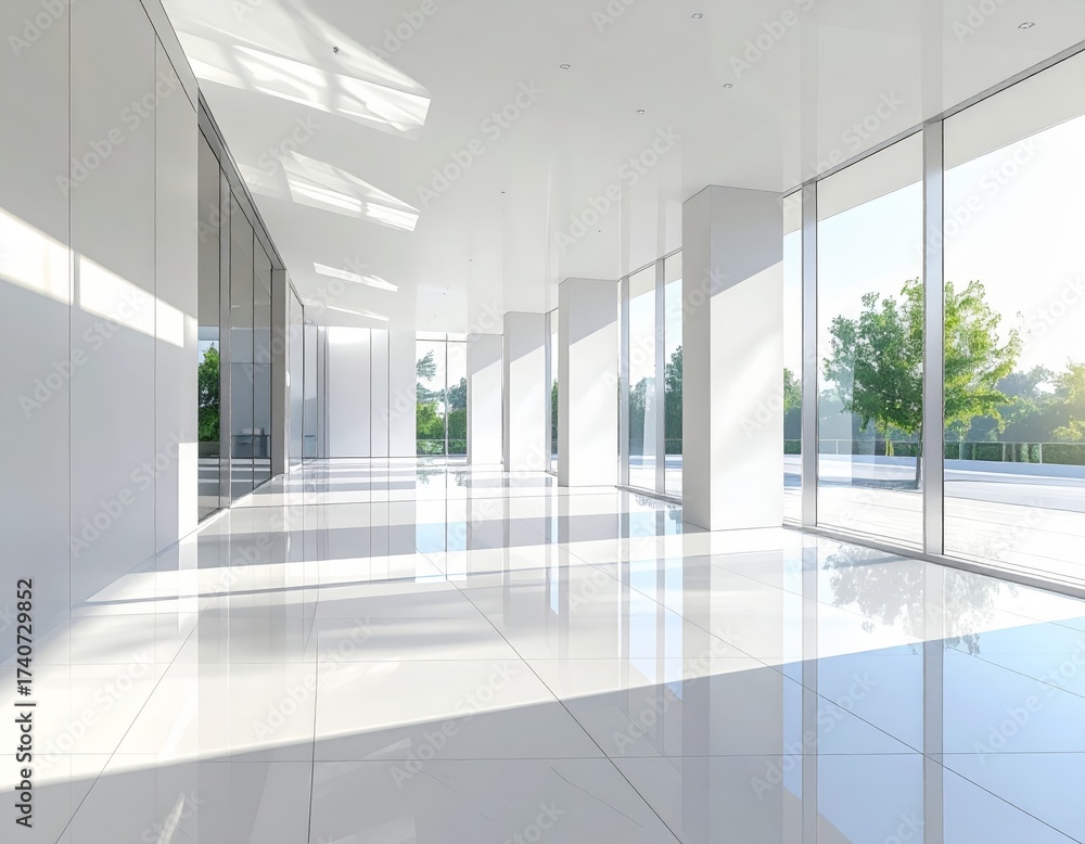 Naklejka premium Modern architectural interior with clean white walls, tiled floor, glass facade