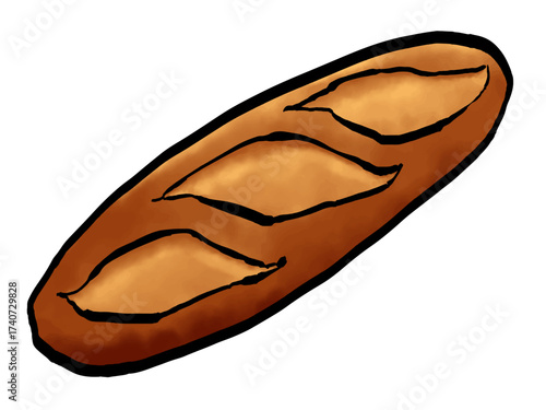 バゲットのイラスト （筆タッチ・一枚） シンプル /  Hand Drawn French Bread in Brush Style	