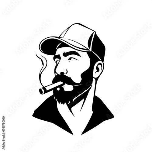 Stylized logo design featuring a solid black silhouette of a man with a pronounced jawline and sharp facial features, wearing a curved brim baseball cap, with a thick plume of cigar smoke drifting laz