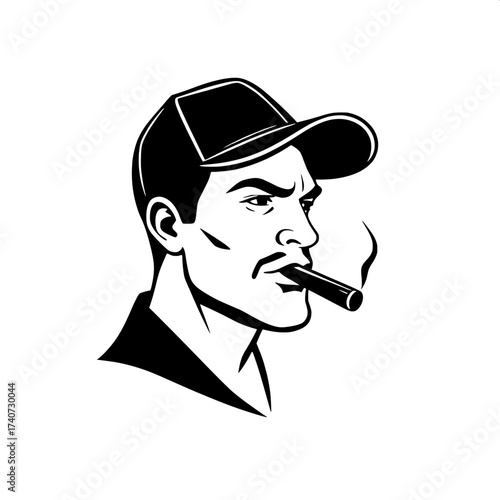 Stylized logo design featuring a solid black silhouette of a man with a pronounced jawline and sharp facial features, wearing a curved brim baseball cap, with a thick plume of cigar smoke drifting laz
