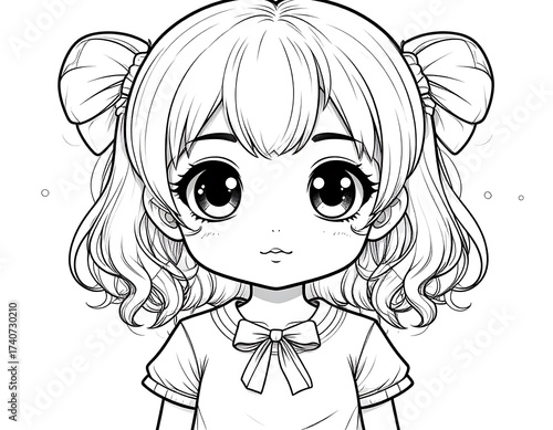 Black and white line art of a cute anime-style girl
