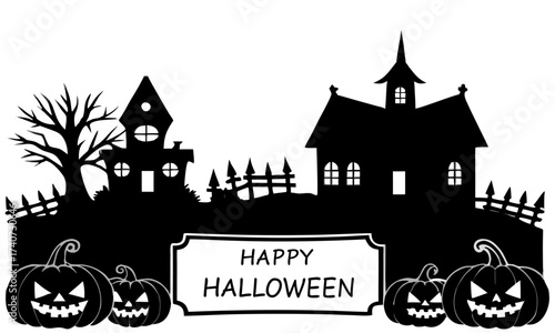 Black Halloween Spooky Haunted Houses, Creepy Jack-o-Lantern Pumpkins, and Graveyard Silhouette Elements for Party Banners, Posters, and Holiday Decorations