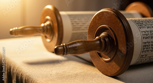 Open Torah scrolls on wooden rollers resting on a table in sunlight  